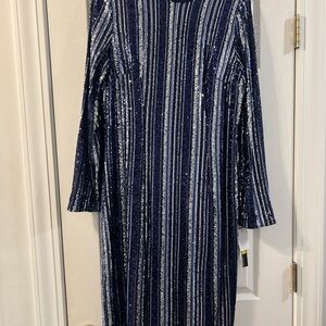 Maggy London Sparkly Blue and Silver Striped Maxi Dress